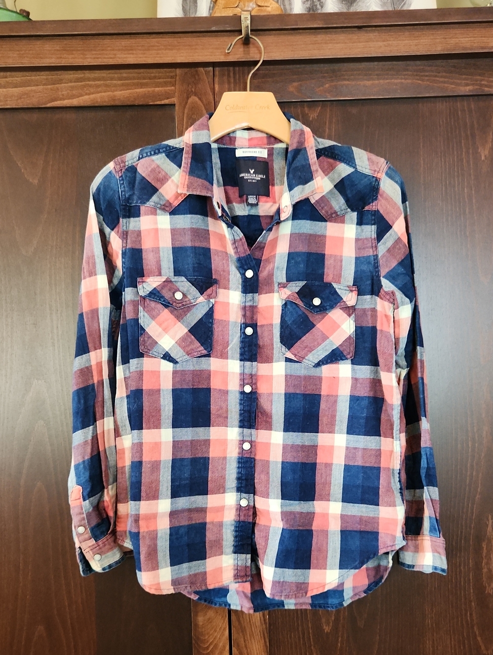 American Eagle Plaid Button-Up Shirt - Navy & Coral